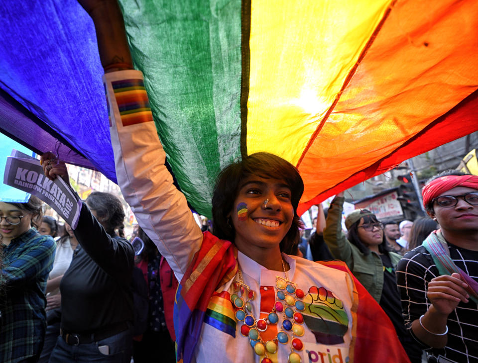 KOLKATA, INDIA - 2019/12/29: LGBT Community members hold a Rainbow flag during the Pride walk.
Kolkata Rainbow Pride Walk (KRPW) is the oldest pride walk in India and South Asia started from 1992. The walk was organised to strengthen the voice for equality irrespective of gender, sexuality, religion, community, orientation. (Photo by Avishek Das/SOPA Images/LightRocket via Getty Images)