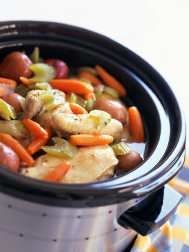 slow cooker with dinner inside