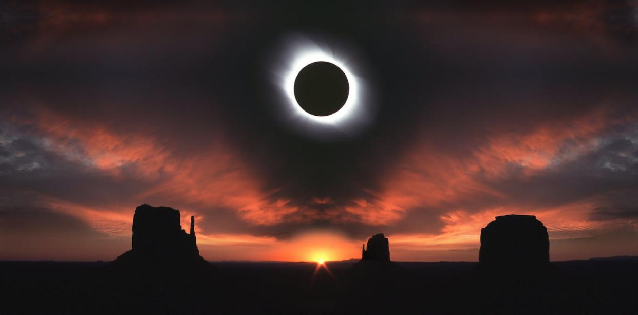 On April 8, 2024, much of the eastern United States will fall in the path of a total solar eclipse, like the one pictured. <a href="https://www.gettyimages.com/detail/photo/total-solar-eclipse-and-monument-valley-at-sunrise-royalty-free-image/128311871?phrase=eclipse" rel="nofollow noopener" target="_blank" data-ylk="slk:Diane Miller/The Image Bank via Getty images;elm:context_link;itc:0;sec:content-canvas" class="link ">Diane Miller/The Image Bank via Getty images</a>