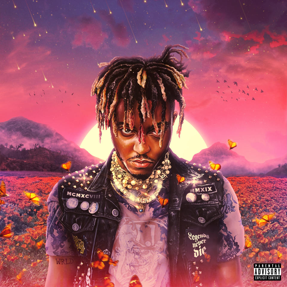 This cover image released by Grade A/Interscope shows "Legends Never Die," a release by the late rapper Juice WRLD. The 21-track album set several records when it debuted at No. 1 on the Billboard 200 albums chart this week. With 497,000 equivalent albums sold, based on digital sales and streams, “Legends Never Die" marks the biggest posthumous debut in 23 years since Tupac and Notorious B.I.G. posthumously released albums in 1997. (Grade A/Interscope via AP)