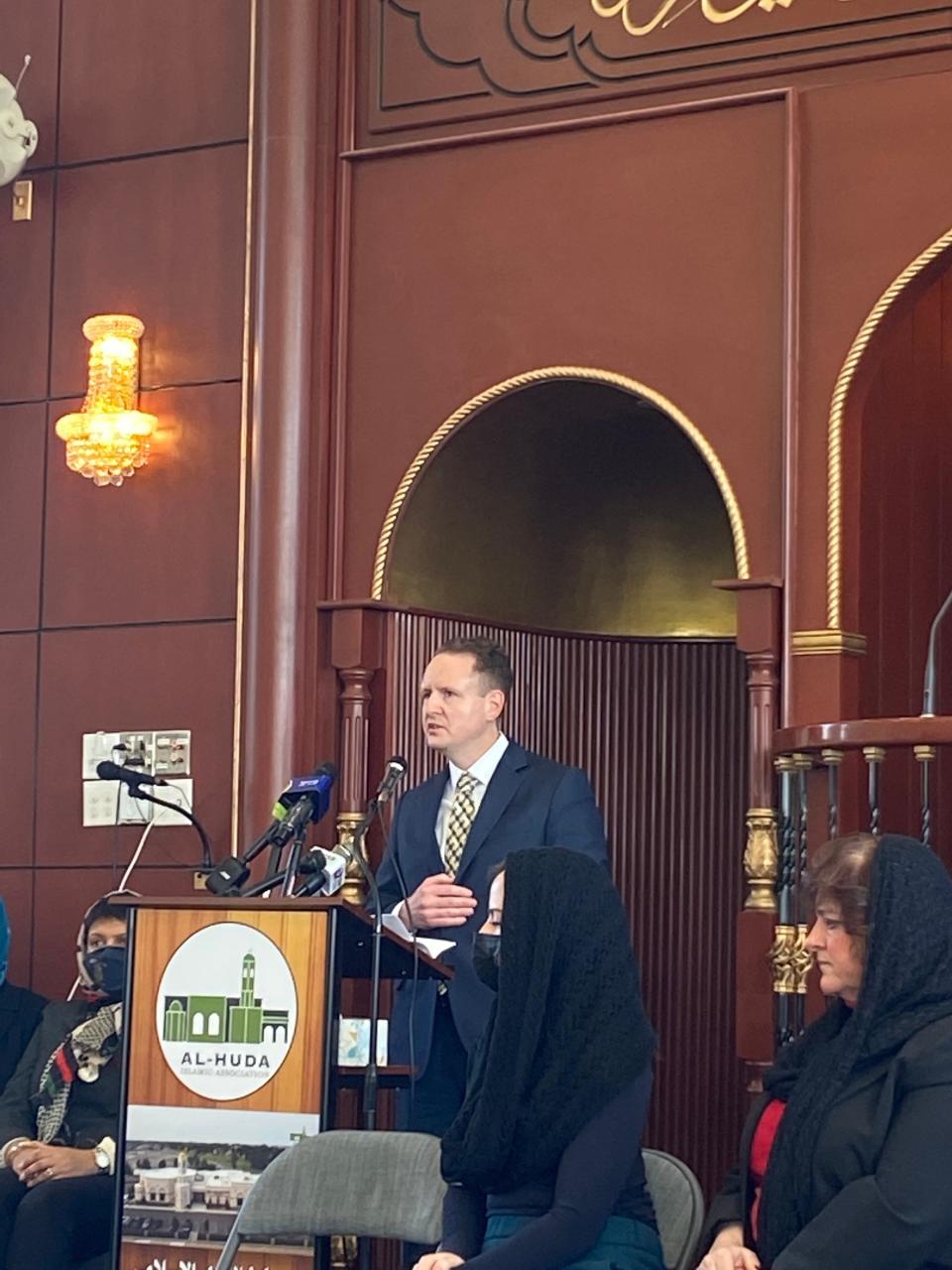 FBI Detroit Acting Special Agent in Charge Josh Hauxhurst speaks at Al-Huda Islamic Association, a Dearborn mosque, on Feb. 19, 2022, at a forum to discuss a fire at the mosque on Feb. 12 and police shooting blocks away in Detroit. Sitting in front to his left are Dearborn City Councilwoman Erin Byrnes, Dearborn City Councilwoman Leslie Herrick.