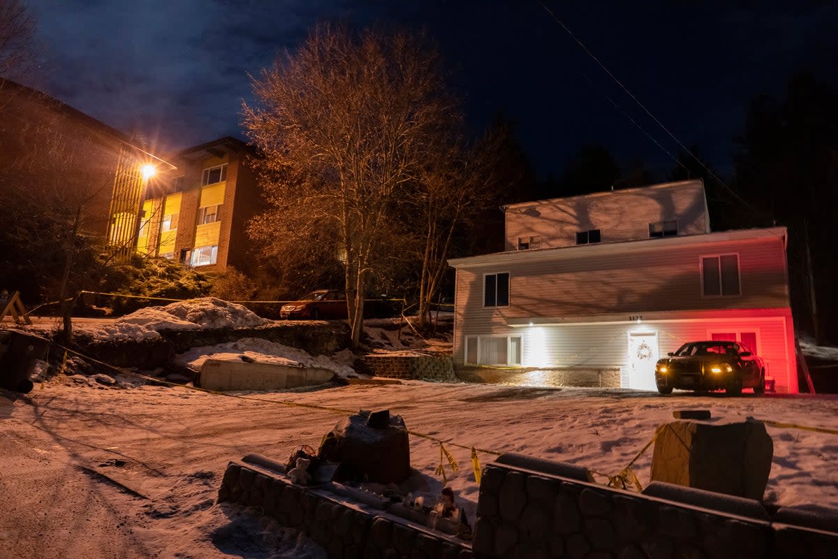 A private security officer sits in a vehicle on Jan. 3, 2023, in front of the house in Moscow, Idaho where four University of Idaho were murdered (Copyright 2023 The Associated Press. All rights reserved.)