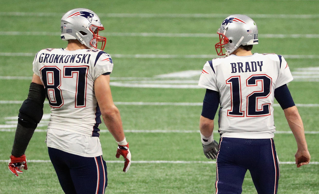 Rob Gronkowski and Tom Brady are teammates again. (Photo by Mike Ehrmann/Getty Images)