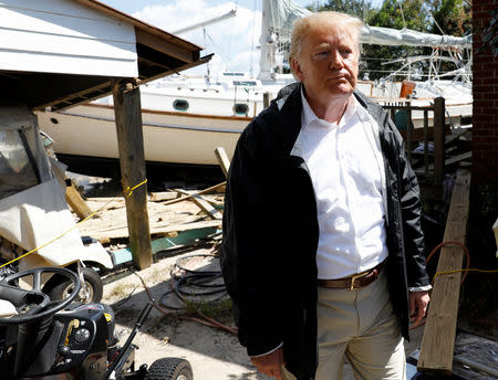 U.S. President Donald Trump participates in a tour of Hurricane Florence damage in New Bern, North Carolina, U.S., September 19, 2018. REUTERS/Kevin Lamarque