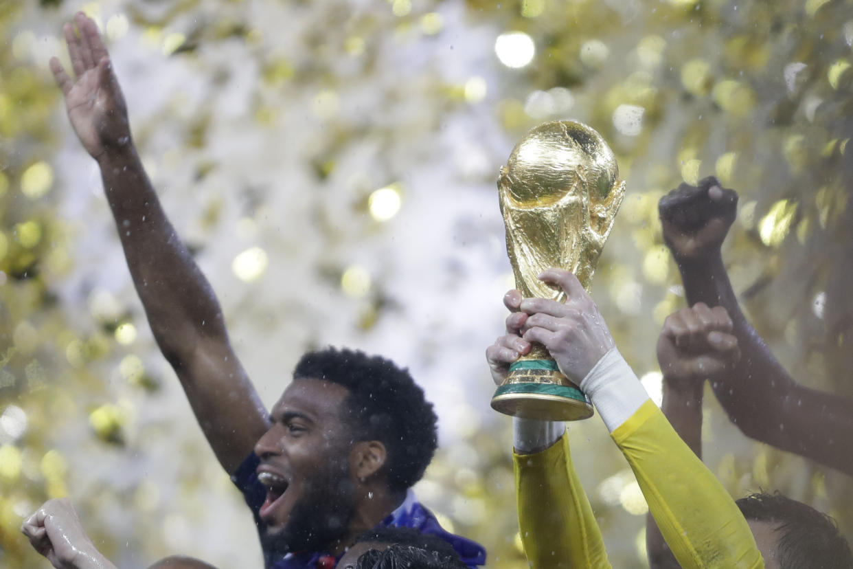 France goalkeeper Hugo Lloris holds the trophy after winning the final match against Croatia at the 2018 soccer World Cup in Moscow, Russia, Sunday, July 15, 2018. (AP Photo/Natacha Pisarenko)