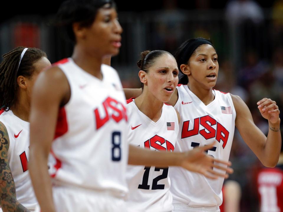 Candace Parker (right) and USA Basketball teammates react to a play.
