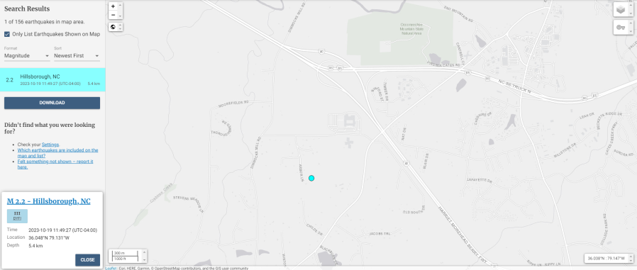 Map showing the epicenter of the Hillsborough earthquake on Thursday, October 19, 2023. (U.S. Geological Survey)