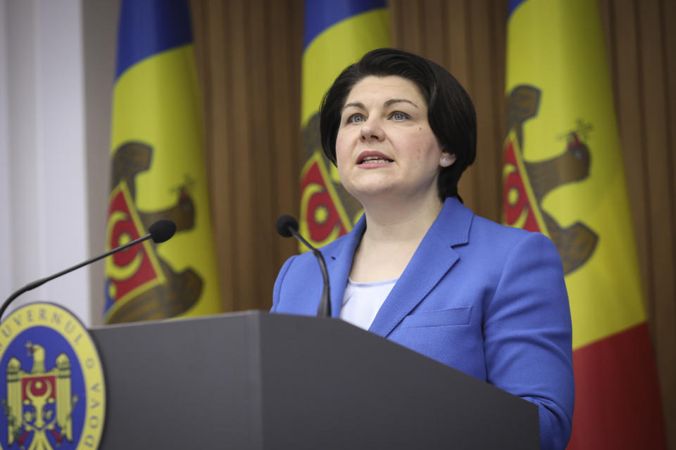 Moldovan Prime Minister Natalia Gavrilita announces her resignation during a news conference in Chisinau, Moldova, Friday, Feb 10, 2023. Moldova's government collapsed Friday as pro-Western Prime Minister Natalia Gavrilita resigned, adding to a series of crises that have gripped the small nation since Russia invaded its neighbor, Ukraine. (AP Photo/Aurel Obreja)