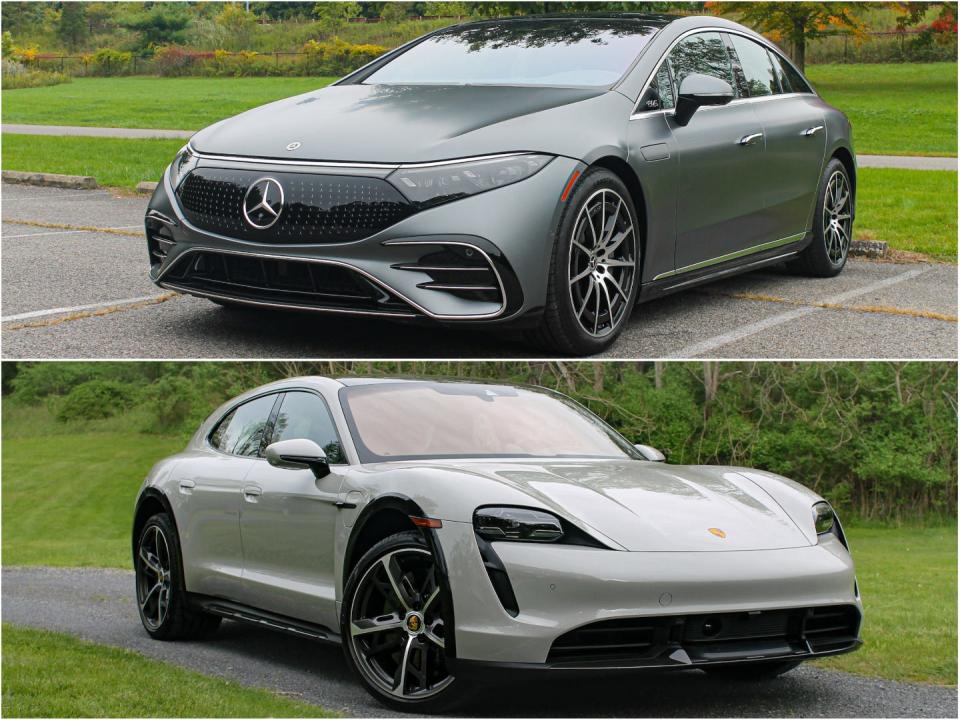 The Mercedes-Benz EQS 580 (top) and Porsche Taycan Turbo S Cross Turismo.