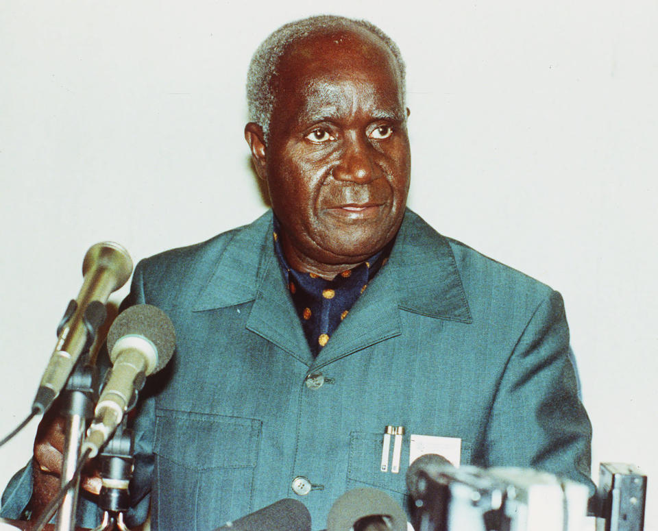FILE - In this Feb. 6, 1991 file photo, former Zambia President, Kenneth Kaunda, is photographed during a visit to Zimbabwe. Zambia’s first president Kenneth Kaunda has died at the age of 97, the country's president Edward Lungu announced Thursday June 17, 2021. (AP Photo/File)