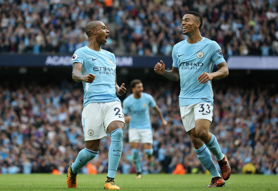 Fernandinho (left) and Gabriel Jesus both scored in Manchester City’s 7-2 rout of Stoke City. (Getty)