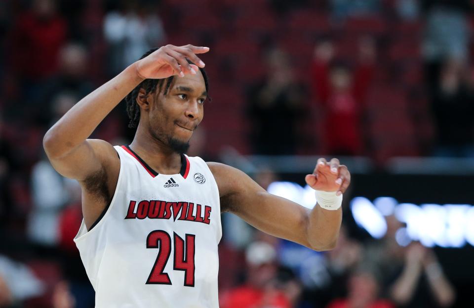 U of L's Jae'Lyn Withers (24) reacted after they defeated Georgia Tech 68-58 at the Yum Center in Louisville, Ky. on Feb. 1, 2023.  Withers posted a double double with 19 points and 13 rebounds.  The Cards broke a ten game losing streak against Yellow Jackets.
