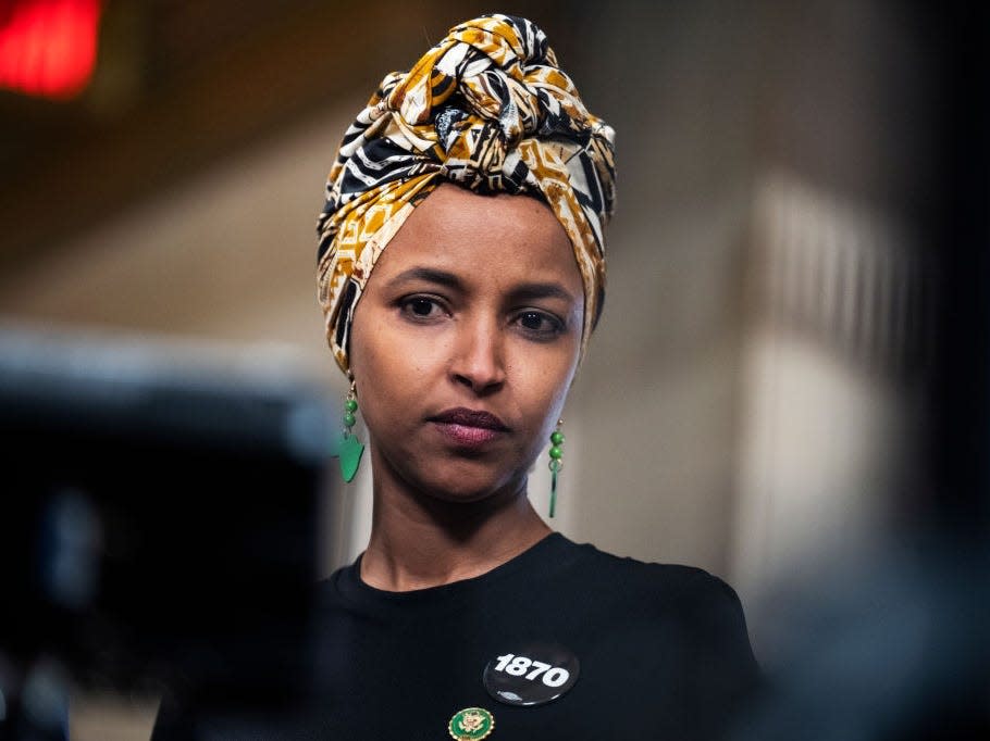 Rep. Ilhan Omar, D-Minn., conducts a television interview before President Joe Biden's State of the Union address in the U.S. Capitol on Tuesday, February 7, 2023.