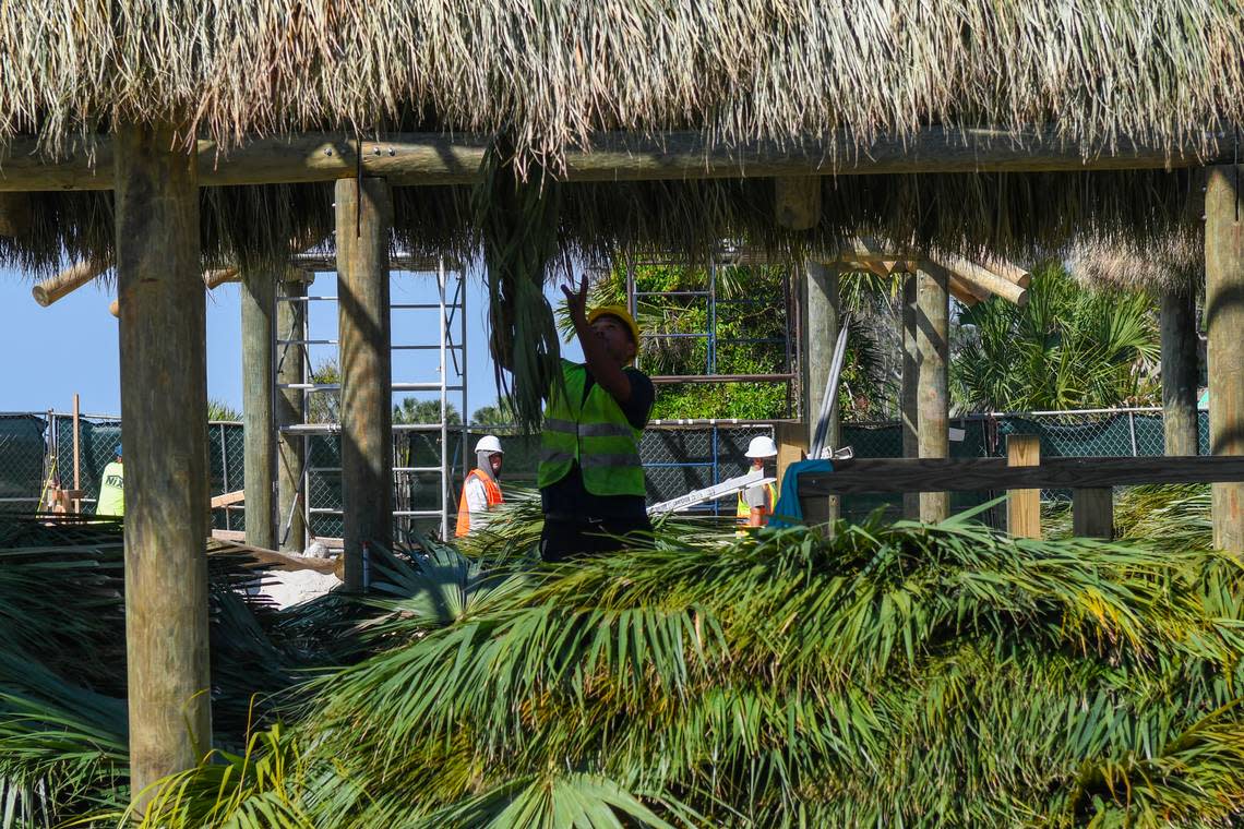 A worker with Big Cypress Tiki Huts prepares to toss a palm frond to a roofer on Wednesday, April 24, 2024 as they build a roof for The Beach House Hilton Head Island’s new tiki hut at Coligny Beach on Hilton Head.