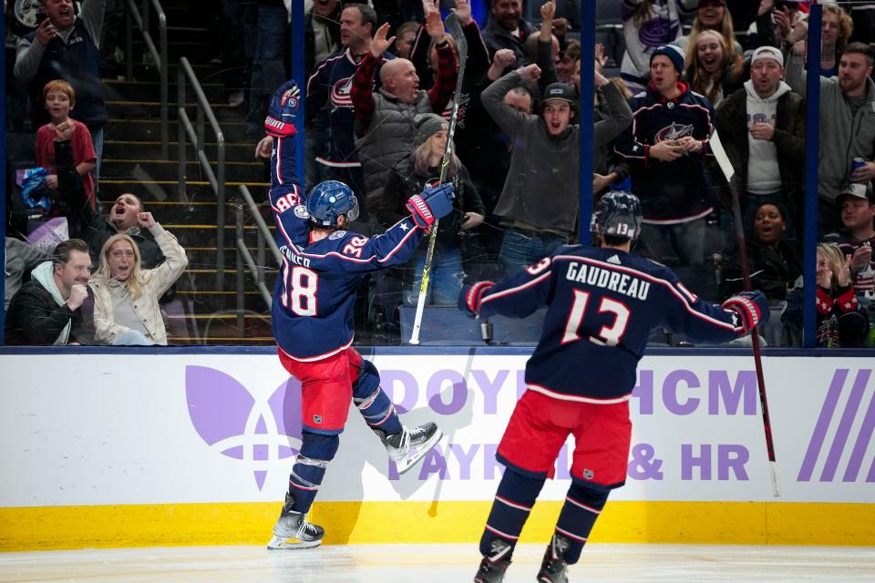 Nov 15, 2022; Columbus, Ohio, USA;  Columbus Blue Jackets center Boone Jenner (38) celebrates his second goal of the game during the third period of the NHL hockey game against the Philadelphia Flyers at Nationwide Arena. The Blue Jackets won 5-4. Mandatory Credit: Adam Cairns-The Columbus Dispatch