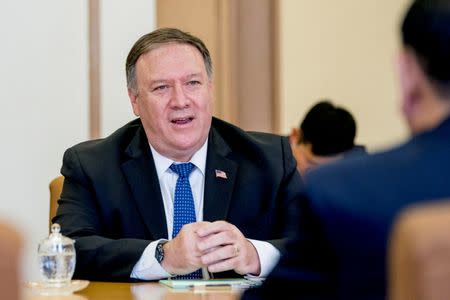 U.S. Secretary of State Mike Pompeo speaks during a meeting with North Korean Director of the United Front Department Kim Yong Chol at the Park Hwa Guest House in Pyongyang, North Korea, July 6, 2018. Andrew Harnik/Pool via REUTERS