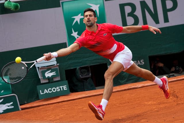 Novak Djokovic at full stretch in his fourth-round clash with Diego Schwartzman at the French Open at Roland Garros