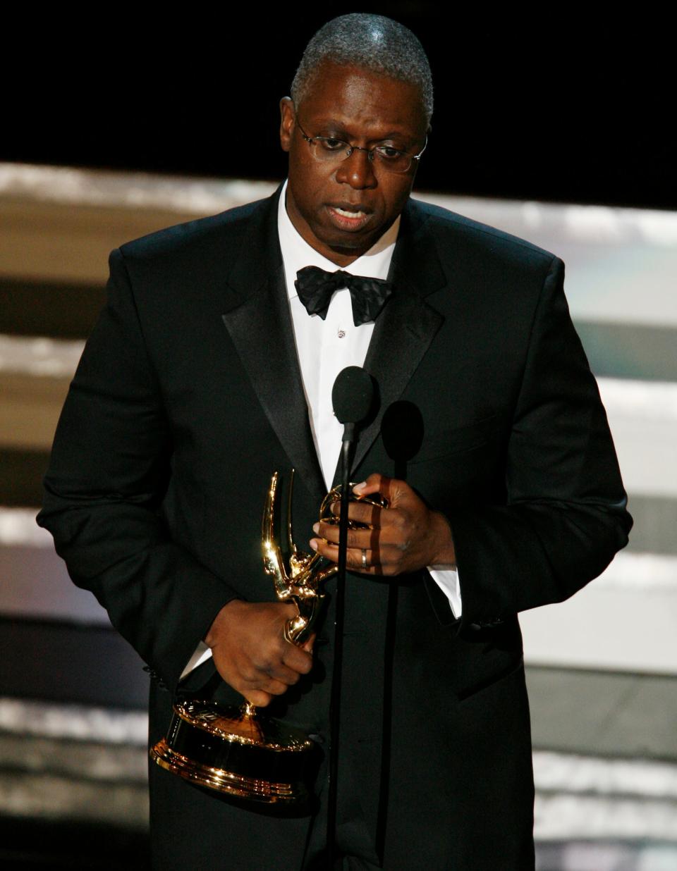 Actor André Braugher accepts the award for outstanding lead actor in a miniseries or a movie for his work on "Thief" at the 58th annual Primetime Emmy Awards at the Shrine Auditorium.