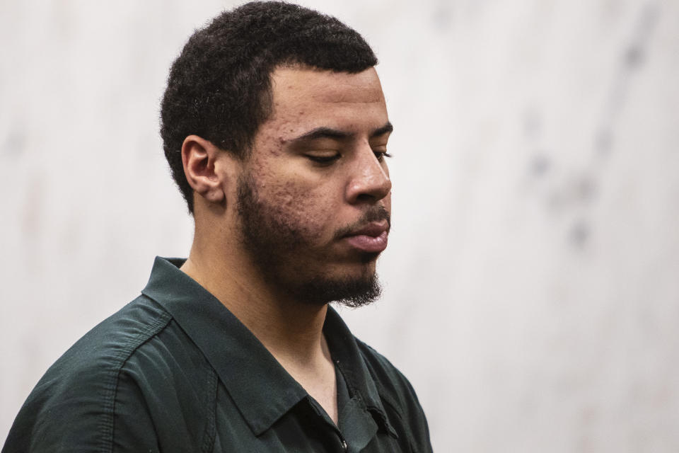 Jeremy Cuellar, 24, appears with his co-defendant, Kemia Hassel, 22, (not pictured) for a preliminary exam on a charge first-degree premeditated murder at the Berrien County Courthouse in St. Joseph, Michigan on Wednesday, Feb. 20, 2019. U.S. Army Sgt. Tyrone Hassel III, 23, was killed on Dec. 31, 2018. A police investigation revealed the pair, Cuellar and Hassel were having an affair and plotted to killed Tyrone to continue their relationship and reap financial benefits resulting from his death. Cuellar was stationed at Fort Stewart in Georgia where Kemia and Tyrone were also stationed, where they lived with their 1-year-old child. (Joel Bissell/Kalamazoo Gazette via AP)