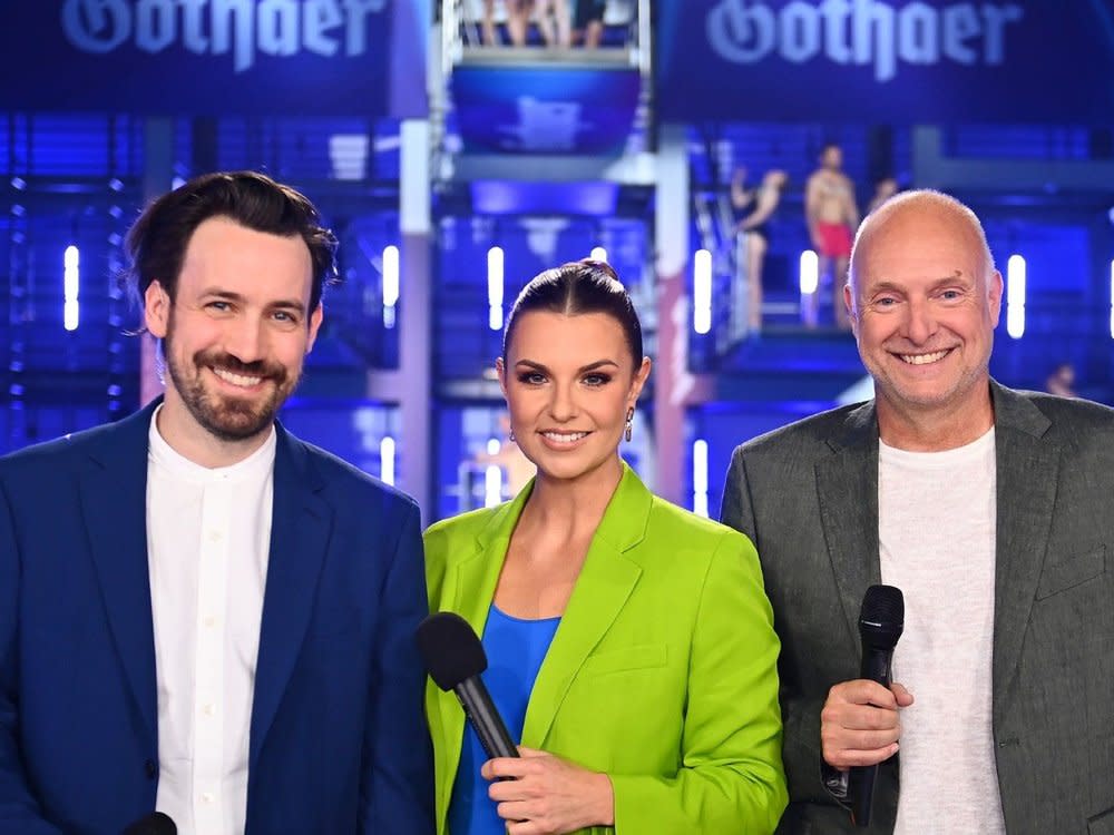Das "RTL Turmspringen" wird das "Ninja Warrior"-Trio Jan Köppen, Laura Wontorra und Frank Buschmann (v.l.) moderieren. (Bild: RTL / Willi Weber)