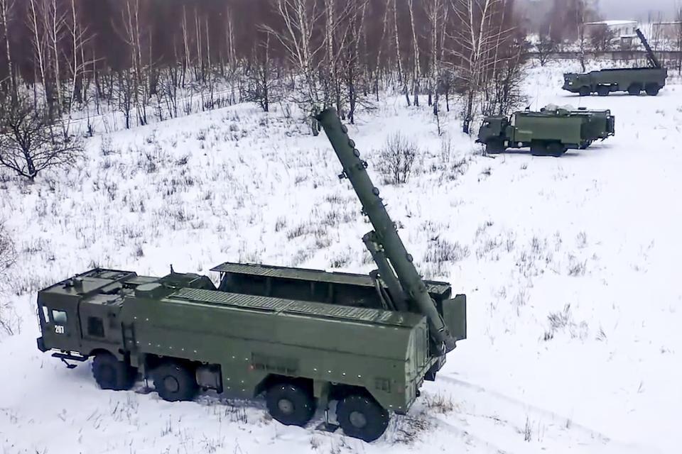 FILE - In this photo taken from video provided by the Russian Defense Ministry Press Service on Tuesday, Jan. 25, 2022, The Russian army's Iskander missile launchers take positions during drills in Russia. Russian President Vladimir Putin has said that Russia has helped upgrade 10 Belarusian aircraft to make them capable to carry nuclear weapons and also provided Belarus with nuclear-capable Iskander short range missiles as Moscow plans to station nuclear weapons in Belarus. (Russian Defense Ministry Press Service via AP, File)