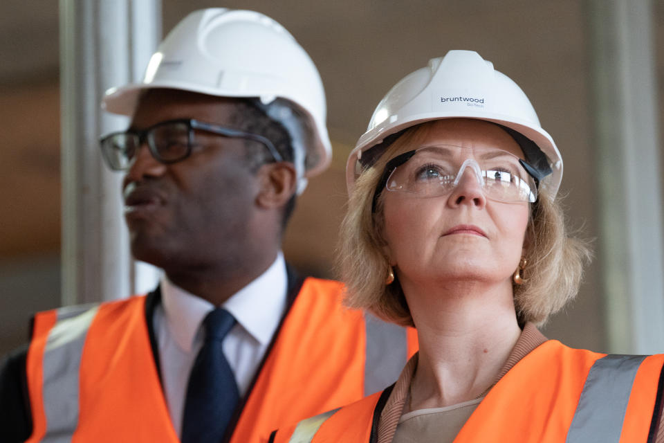 Prime Minister Liz Truss and Chancellor of the Exchequer Kwasi Kwarteng during a visit to a construction site for a medical innovation campus in Birmingham, on day three of the Conservative Party annual conference at the International Convention Centre in Birmingham. Picture date: Tuesday October 4, 2022.