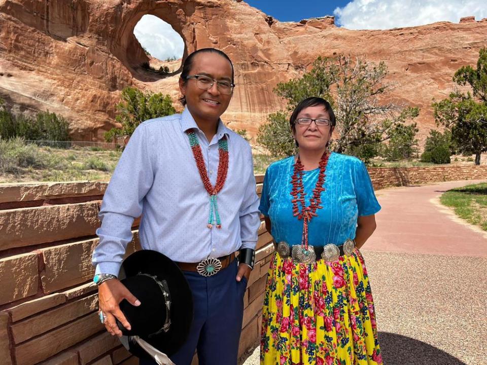 Navajo Nation presidential candidate Buu Nygren (left), and vice presidential candidate Richelle Montoya pose for a picture in Window Rock, Ariz., Monday, Aug. 8, 2022. Nygren selected Montoya as his running mate Monday.