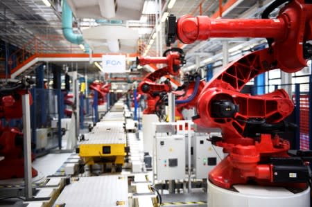 Ceremony to mark the installation of the first robot on the production line for the new electric Fiat 500 BEV at the Mirafiori industrial complex on the 80th birthday of the plant