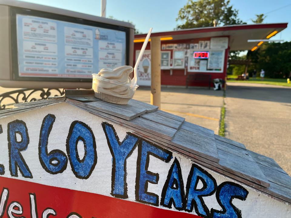 A vanilla soft serve posing as a coffee-flavored yogurt from Dane's Dairy in Iowa City poses for a portrait on July 12, 2022.