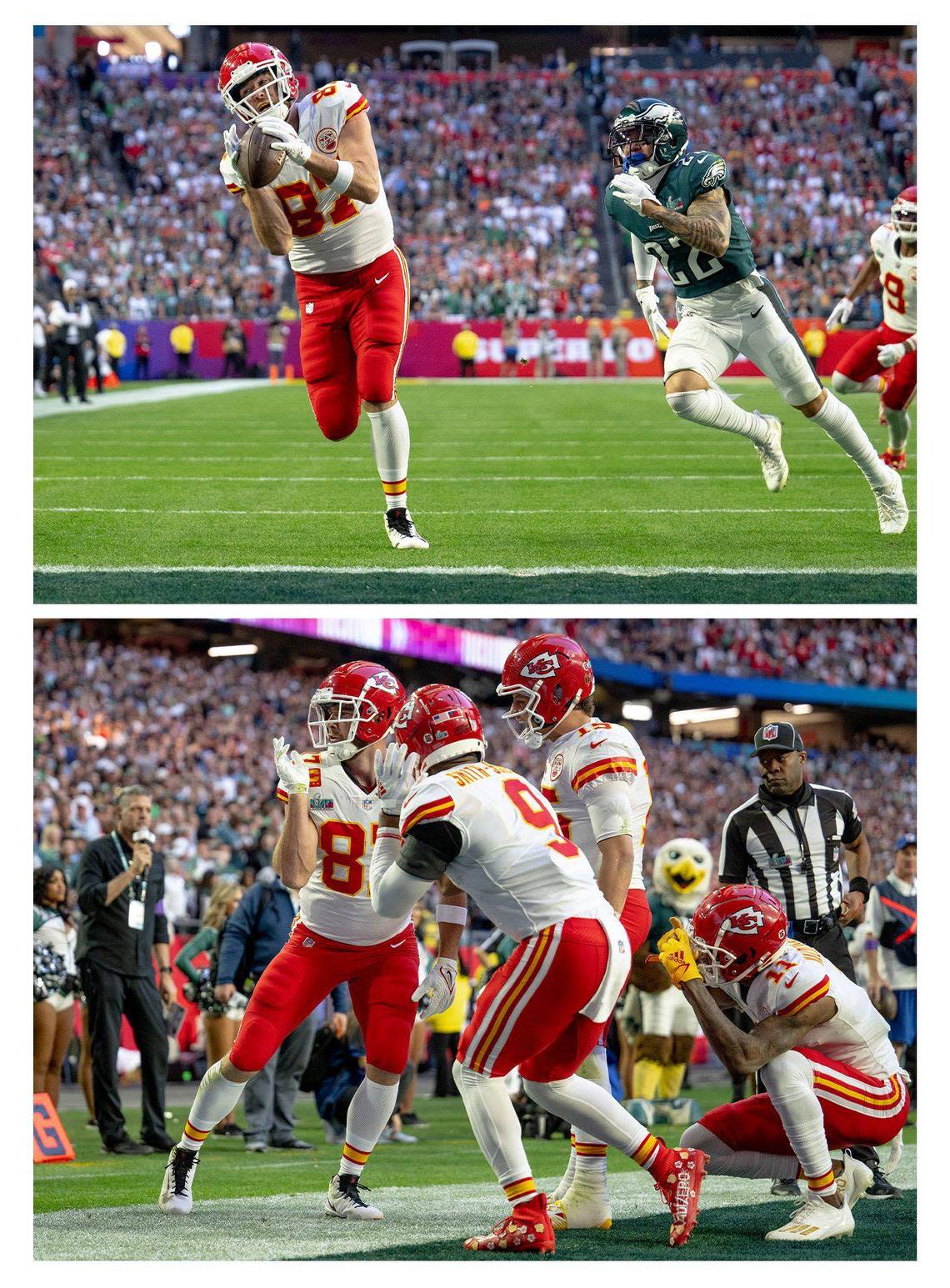 Kansas City Chiefs tight end Travis Kelce (87) catches a touchdown pass behind Philadelphia Eagles safety Marcus Epps (22) during the Super Bowl LVII football game on Monday, Feb. 13, 2023, in Glendale, Ariz. He celebrated his game-tying score by doing the stanky leg dance with wide receiver JuJu Smith-Schuster (9), quarterback Patrick Mahomes (15) and wide receiver Marquez Valdes-Scantling (11).