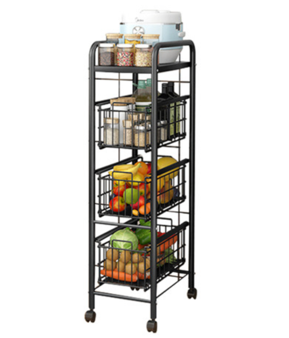 Slim, tall black kitchen cart on wheels with four shelves and three baskets.