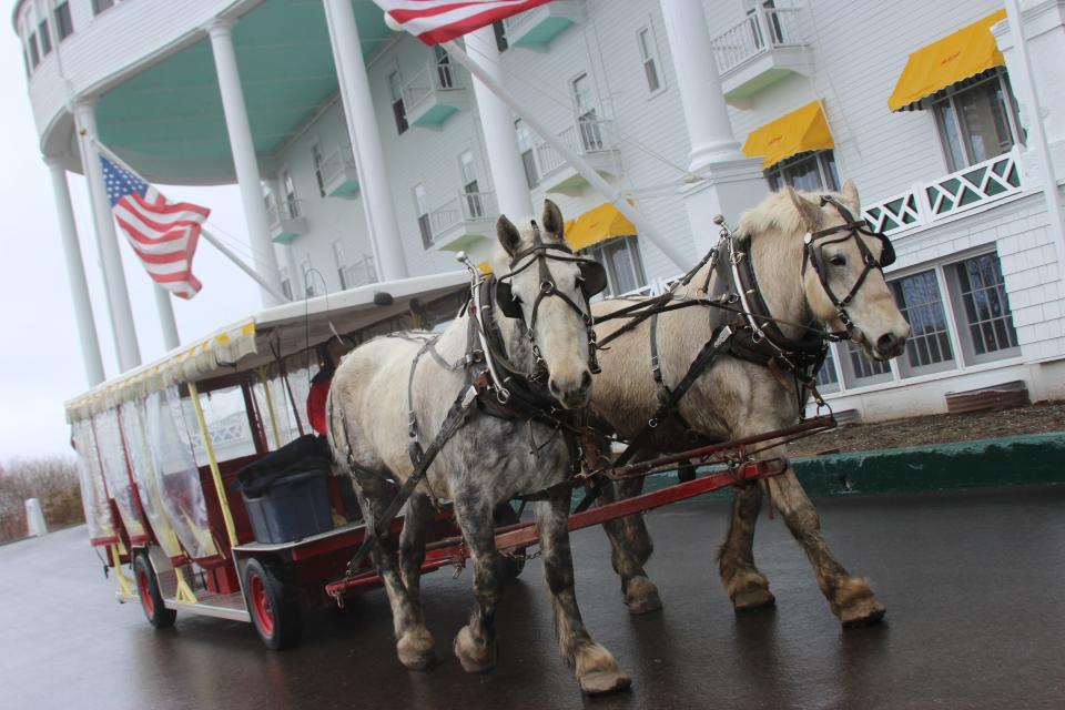 Horses pull a carriage on the grounds of the Grand Hotel on Michigan's Mackinac Island.