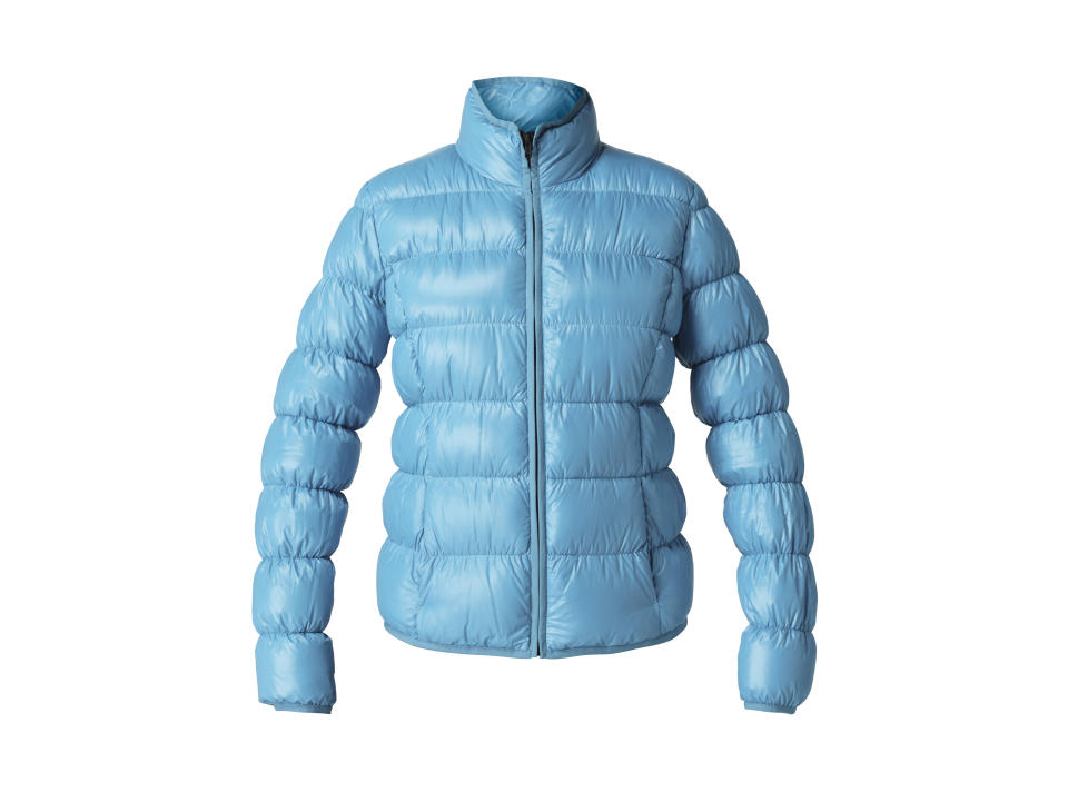 This product image released by ROXY Outdoor Fitness shows a light blue down jacket. Participation in mud runs and obstacle courses, such as the Warrior Dash or Tough Mudder, is growing by leaps and bounds. The right clothes and gear could be the difference in performance and comfort. (AP Photo/ROXY Outdoor Fitness)