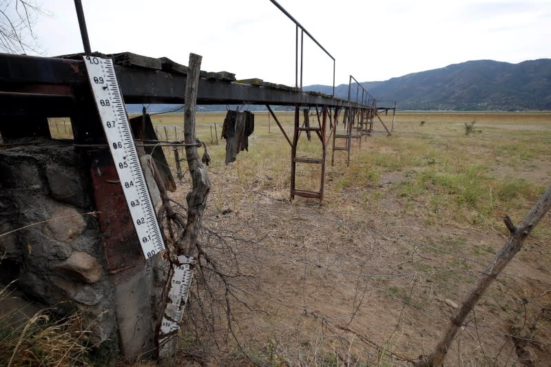 A water depth indicator is seen in a disused pier, in a land that used to be filled with water, at Aculeo Lagoon in Paine