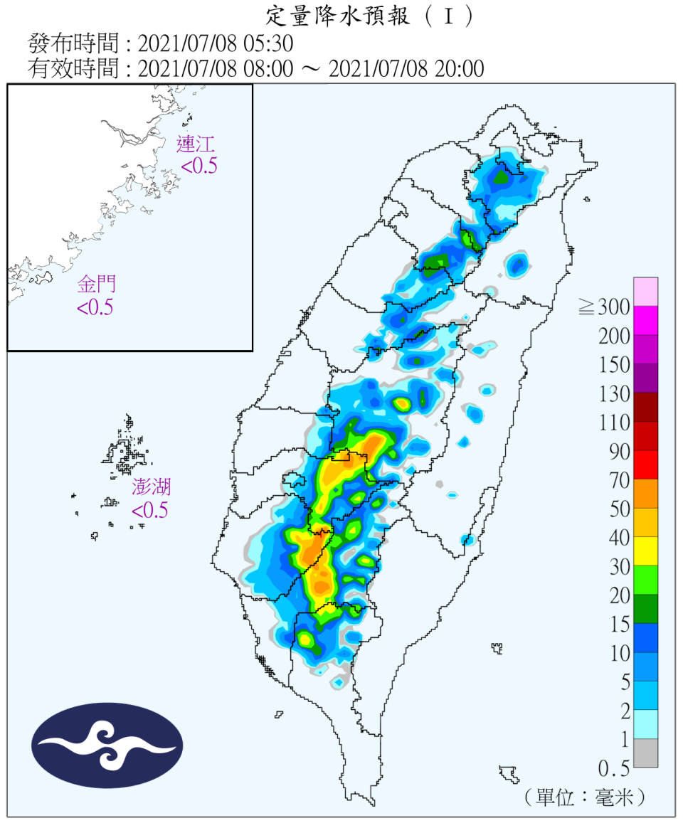 今日全台雨區預報圖。（圖／中央氣象局）