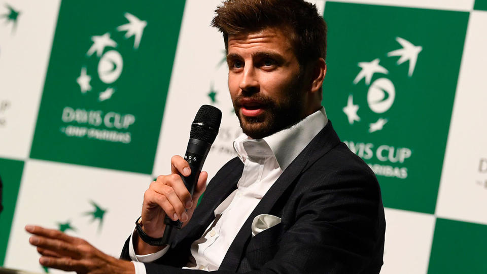 Gerard Pique attends the presentation of the city of Madrid as hosts of the new Davis Cup. (Photo by GABRIEL BOUYS / AFP)