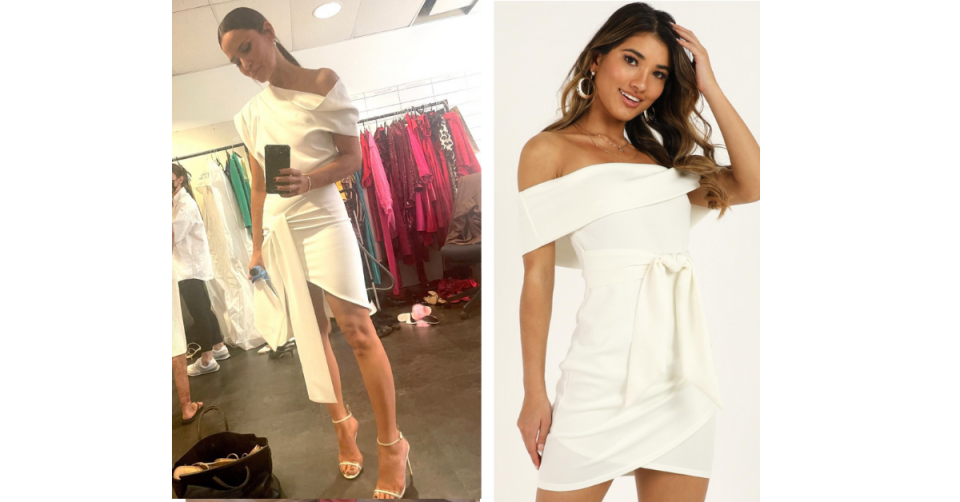 At left Jodie Gordon takes a selfie wearing a white geometric mini dress. At right, a model wears a similar gown.