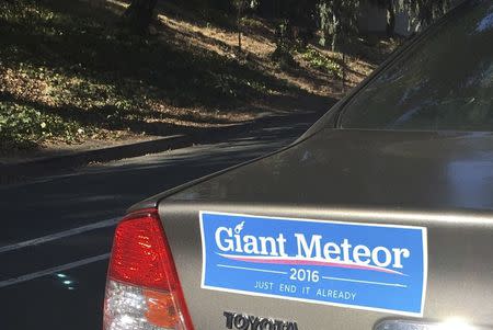 A U.S. election campaign-themed bumper sticker reading "Giant Meteor 2016" is seen in Oakland, California, U.S. on August 10, 2016. REUTERS/Jim Christie