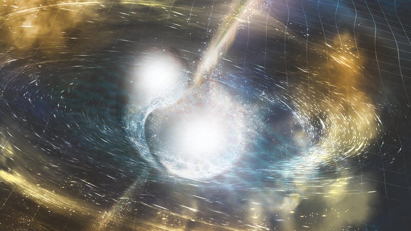 An artist’s depiction of a neutron star collision producing light and gravitational waves. - Illustration: <a class="link " href="https://www.ligo.caltech.edu/page/press-release-gw170817" rel="nofollow noopener" target="_blank" data-ylk="slk:NSF/LIGO/Sonoma State University/A. Simonnet;elm:context_link;itc:0;sec:content-canvas">NSF/LIGO/Sonoma State University/A. Simonnet</a>