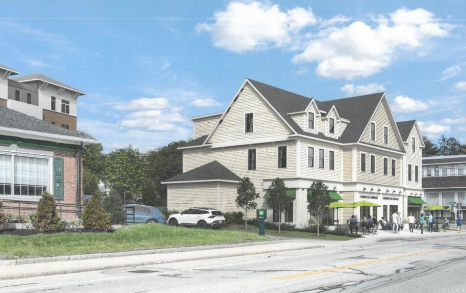 A three dimensional rendering shows a cafe on the corner of High Street and Dearborn Avenue as proposed by Al Fleury. The cafe would be part of a project that also brings a 94-unit apartment building and a boutique hotel to downtown Hampton..