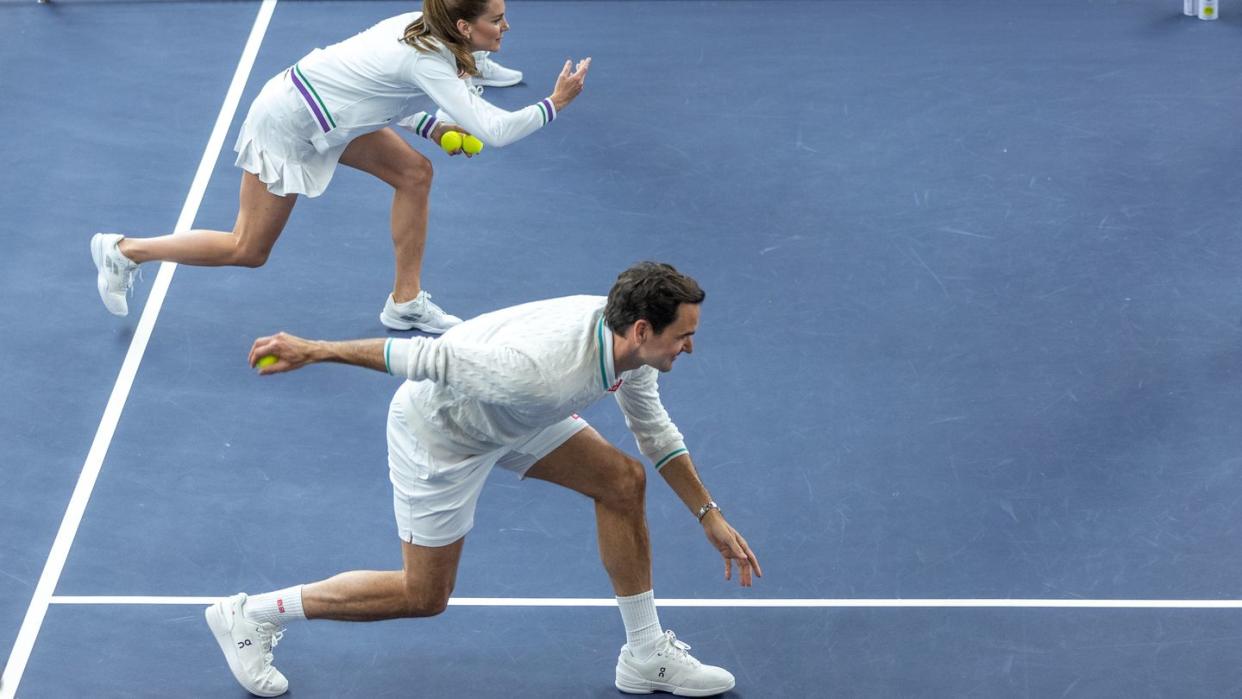 the princess of wales and roger federer celebrate wimbledon's ball girls and boys