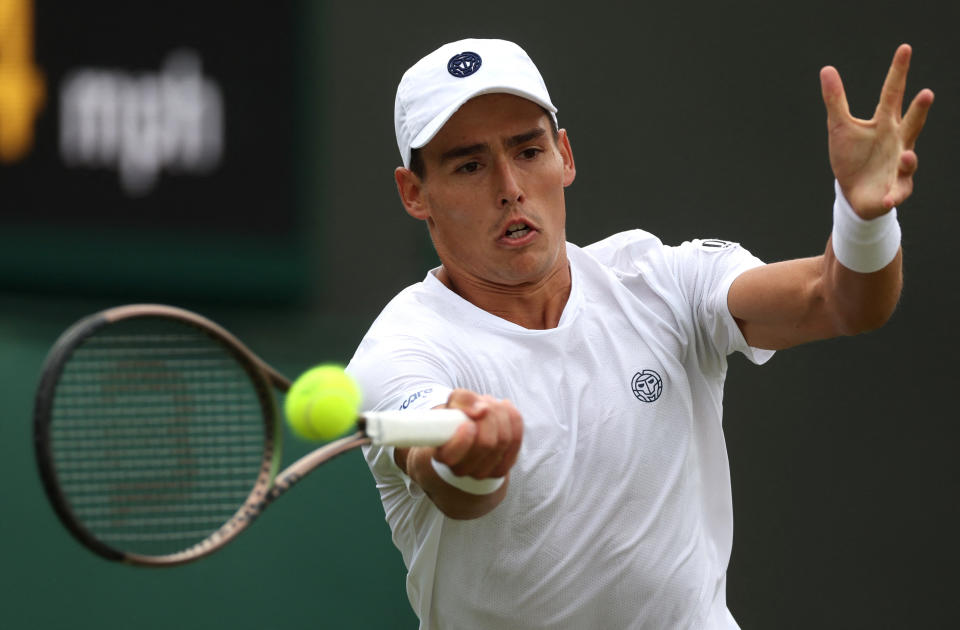 Tennis - Wimbledon - All England Lawn Tennis and Croquet Club, London, Britain - July 1, 2024 Britain's Charles Broom in action during his first round match against Switzerland's Stan Wawrinka REUTERS/Paul Childs