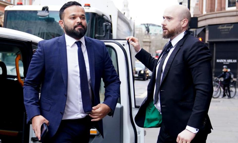 Azeem Rafiq arrives for the third day of the Cricket Discipline Commission panel hearing in London