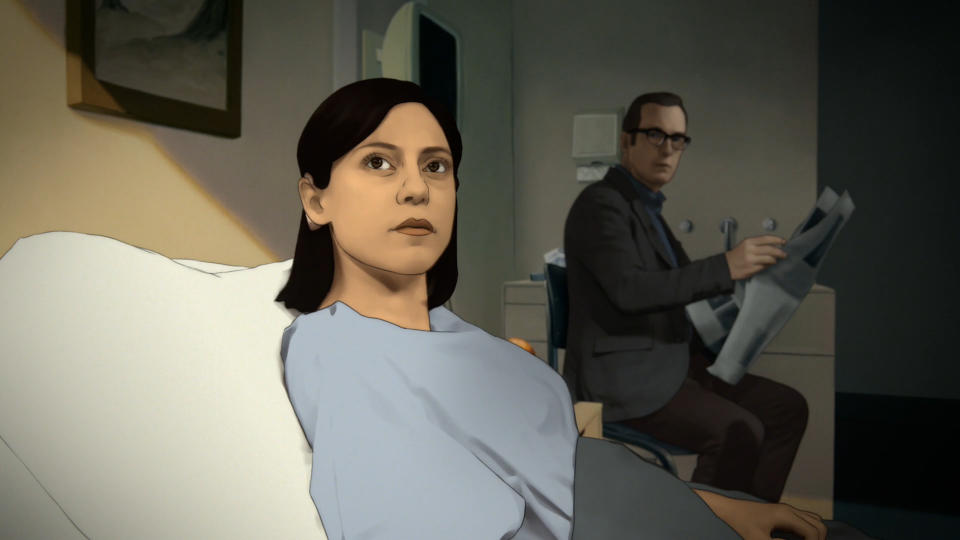 This image released by Amazon shows characters Alma, voiced by Rosa Salazar, left, and Jacob, voiced by Bob Odenkirk in a scene from the animated series "Undone." (Amazon via AP)