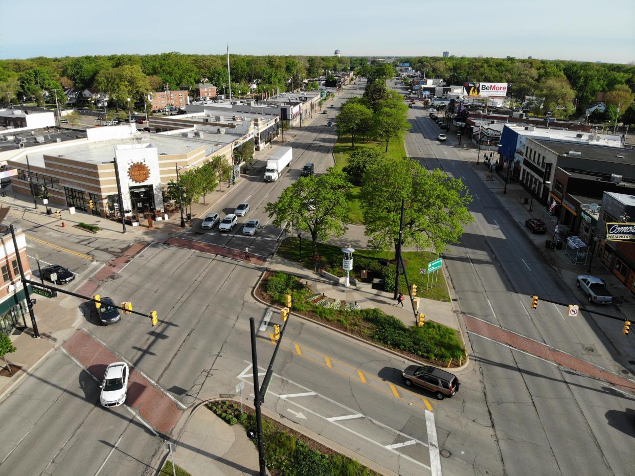 Drone photo shows Woodward Avenue at 9 Mile Road in Ferndale in summer 2021. It's an intersection where extensive improvements to the pedestrian crossing left it still unsafe, leading to the plan to narrow the avenue, officials said. (Photo: City of Ferndale)