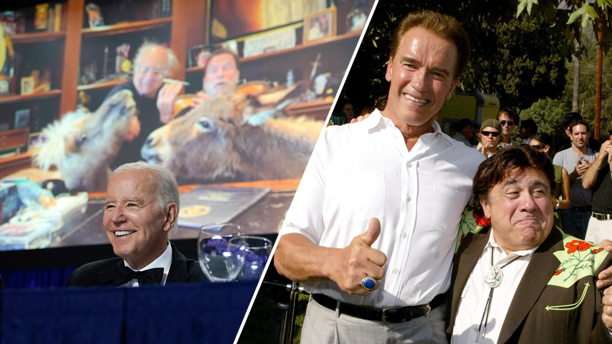 <em>Twins</em> co-stars Arnold Schwarzenegger and Danny DeVito lent a hand at the White House Correspondents' Dinner on Saturday. (Photo: AP/Getty)