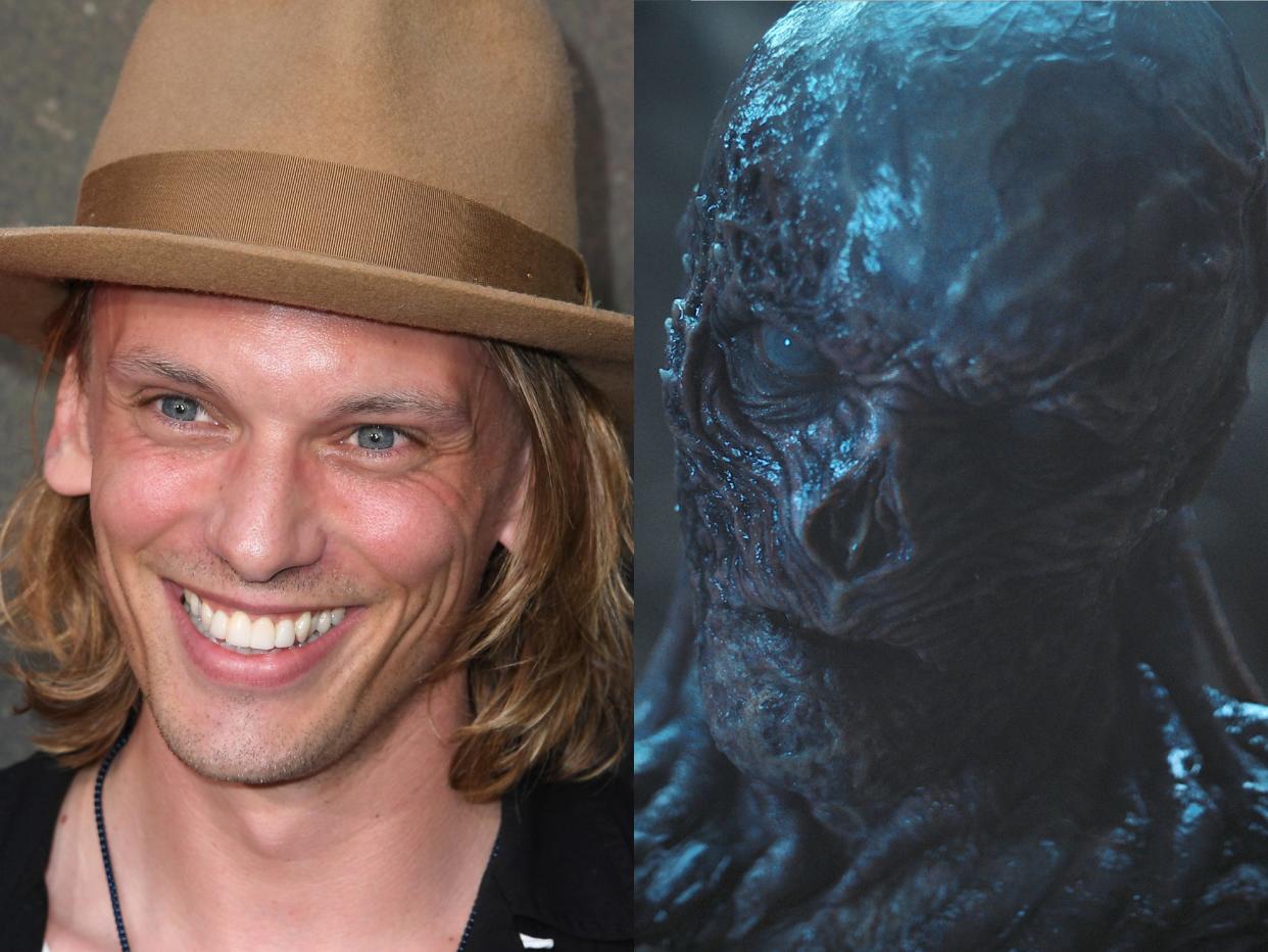 left: jamie campbell bower smiling on a red carpet wearing a light brown fedora; right: jamie campbell bower in full prosthetic makeup as vecna in stranger things.