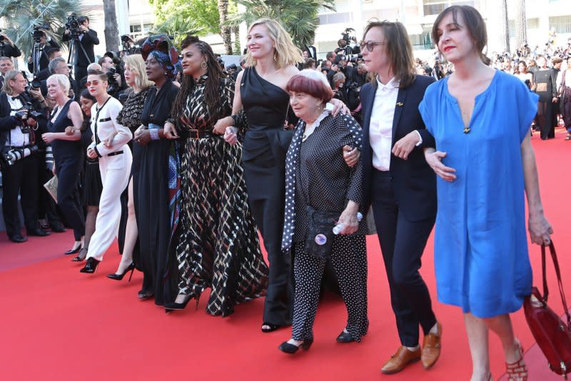 Women filmmakers, including Kirsten Stewart, Lea Seydoux, Khadja Nin, Ava DuVernay, Cate Blanchett and Agnès Varda, arrive on the red carpet protesting how few of them have been honored in the history of the festival during the Cannes Film Festival in 2018 in Cannes, France. File Photo by David Silpa/UPI