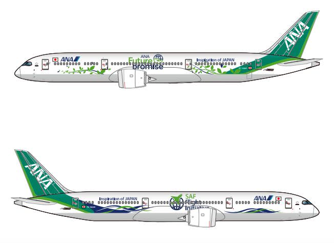 ▲ANA將兩架波音787飛機以「水與綠色」為設計主題進行特別塗裝，且預計分別營運於日本國內線及國際線。（圖／業者提供）