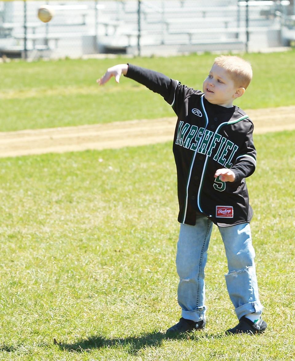 In this file photo, Danny Sheehan, then 6, participates in baseball practice at Marshfield High on Tuesday, April 16, 2019.